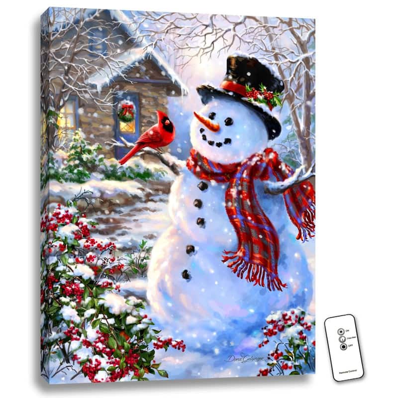 24"x18" White Red Snowman Feathered Friend LED Wall Art Remote Control