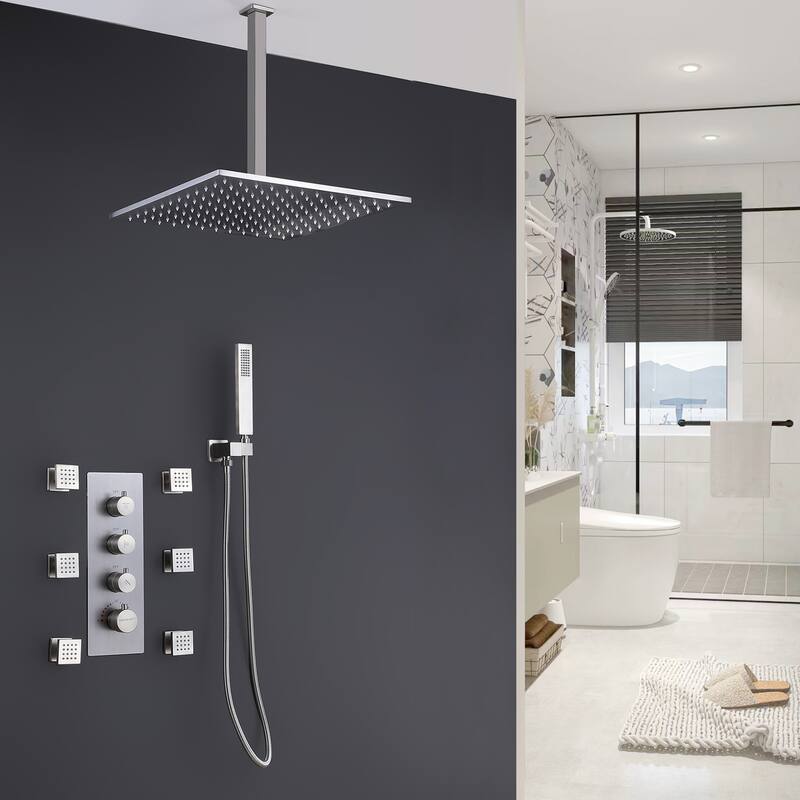 Ceiling Mounted Thermostatic Complete 16'' Rain and 6 Body Jet Shower