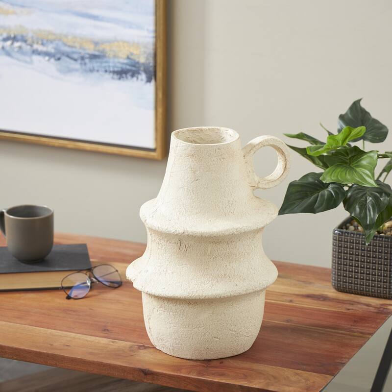 Paper Mache Fluted Vase with Brown Distressed Texturing and Ring Handle - Cream - Roche River Decor