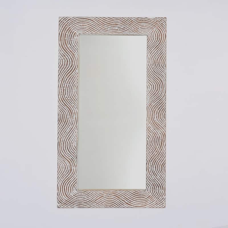 Rustic White Solid Wood Handcarved Rectangle Mirror - Accent Decor - Antique White