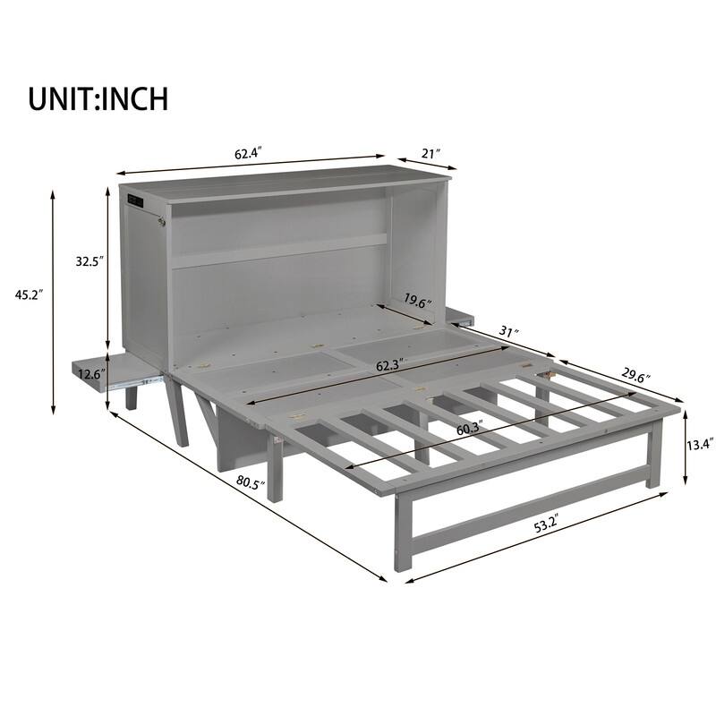 Murphy Cabinet Bed with USB Port and Removable Shelves on Each Side, Space-Saving Cube Cabinet Bed with Desk