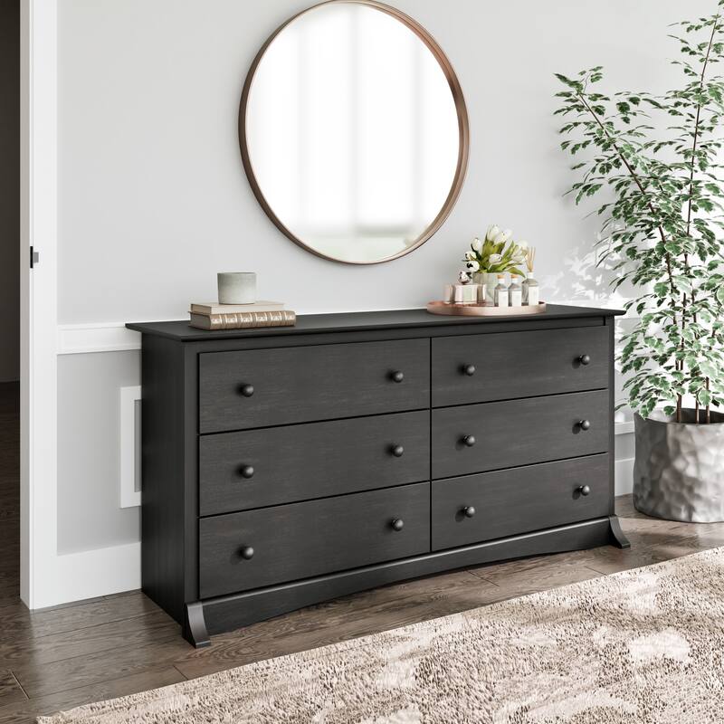 Prepac Sonoma 6 Drawer Double Dresser for Bedroom, Wide Chest of Drawers, Traditional Bedroom Furniture - Washed Black - 6-drawer