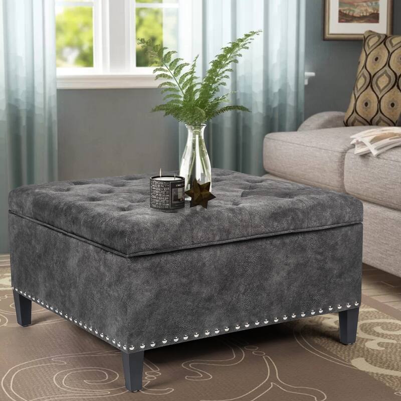 Adeco Large Square Footstool Fabric Storage Ottoman Bench