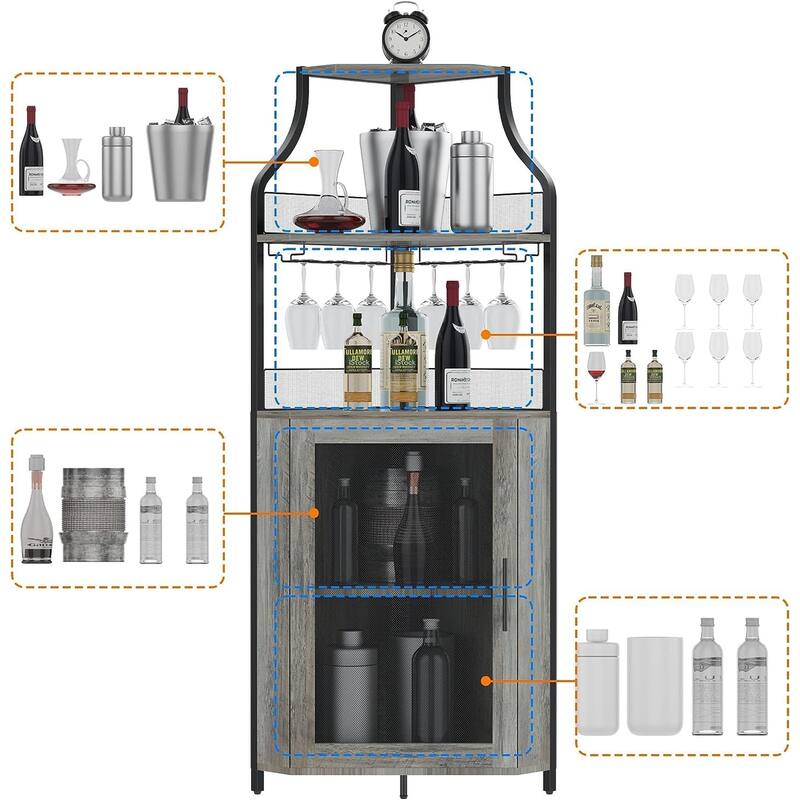 Corner Wine Cabinet with Detachable Wine Rack, 5-Tier Industrial Corner Bar Cabinet
