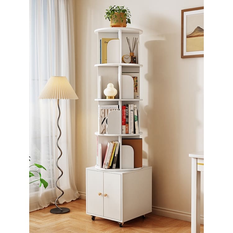 360 Degree Display 5 Tier Corner Bookshelf with Drawer, Floor Standing Bookcase Storage Rack, Wood Narrow Book Shelf Organizer