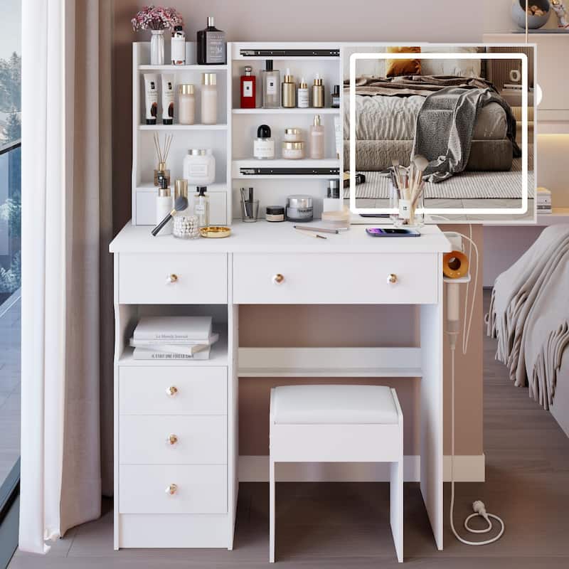 37" Middle Size Left Drawer Desktop Vanity Table + Cushioned Stool Dresser Set, Large Touch Control LED Sliding Mirror - White