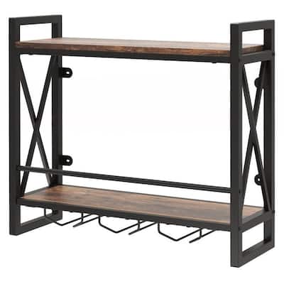 Rustic Brown Black Engineered Wood Metal 2-Tier Wall Wine Rack - 23.5" x 8" x 21.5"