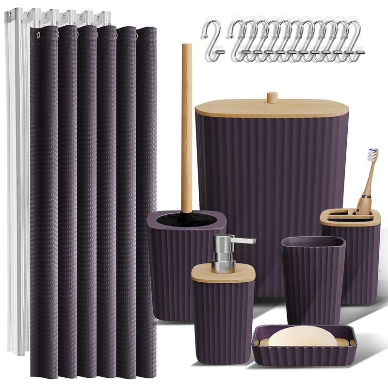 Empyrean Bamboo Bathroom Accessories Set with Shower Curtain Set, Toilet Brush, Trash Can & Soap Dispenser - Complete Set - Purple