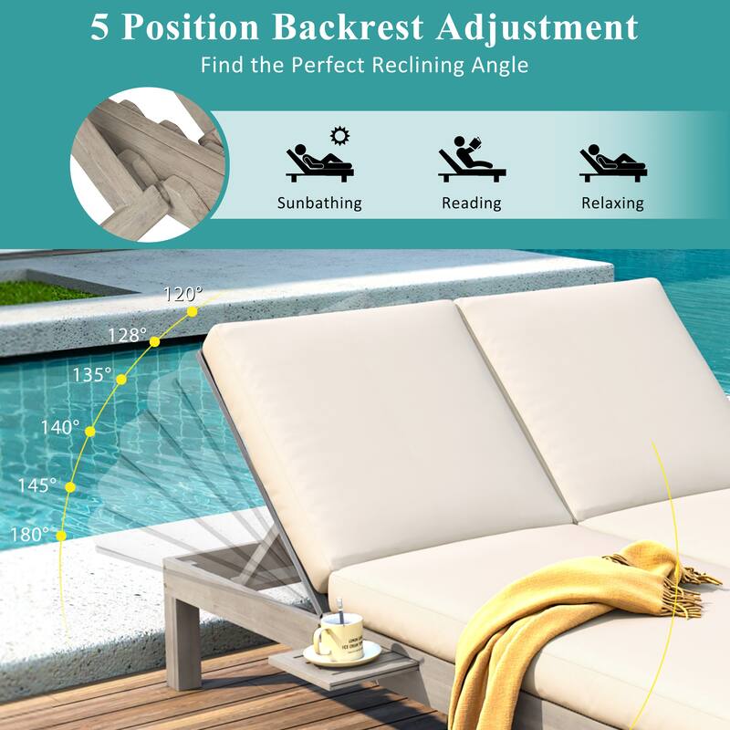 5-position adjustable backrest double recliner, outdoor lounger with cushion and foldable side tray, accommodates two people.