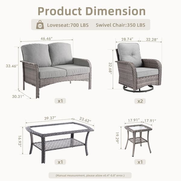 dimension image slide 2 of 10, XIZZI Outdoor Patio Furniture Wicker Sofa Swivel Chair Set