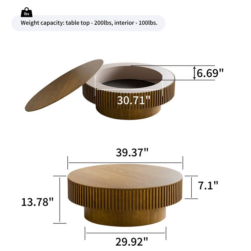39.37" Round Coffee Table with Storage Solid Wood Veneered Modern Accent Table for Living Room or Bedroom
