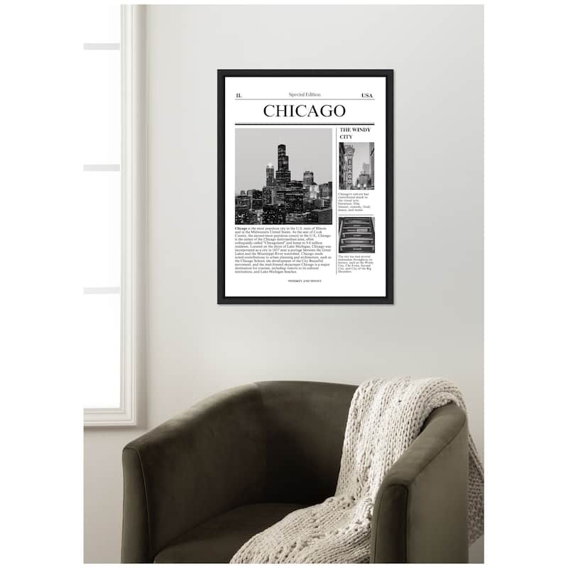 Kate and Laurel Chicago City Article by Megan Ryan Framed Canvas Wall Art Print
