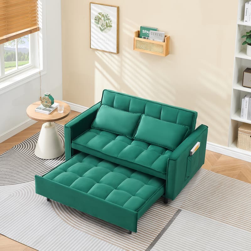 Velvet 3 in 1 Pull Out Loveseat Sofa Convertible Sleeper Love Seat Bed Tufted Futon Sofa with 2 Pillows and Pockets