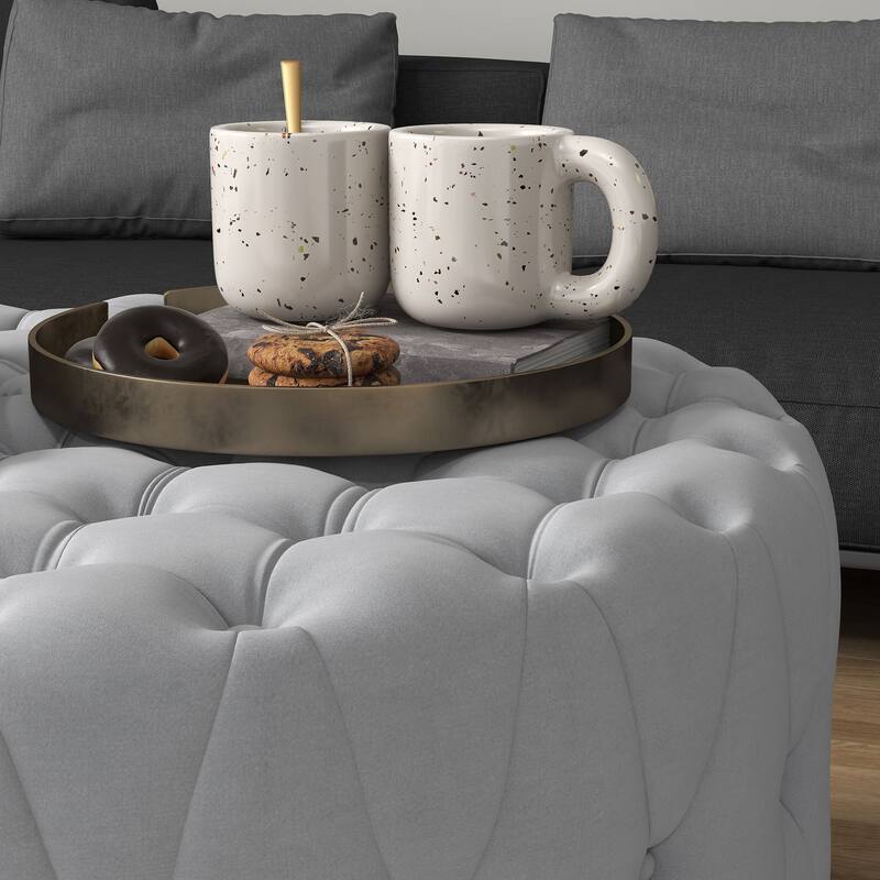 Button Tufted Ottoman Foot Stool with Velvet-feel Upholstery, Gray