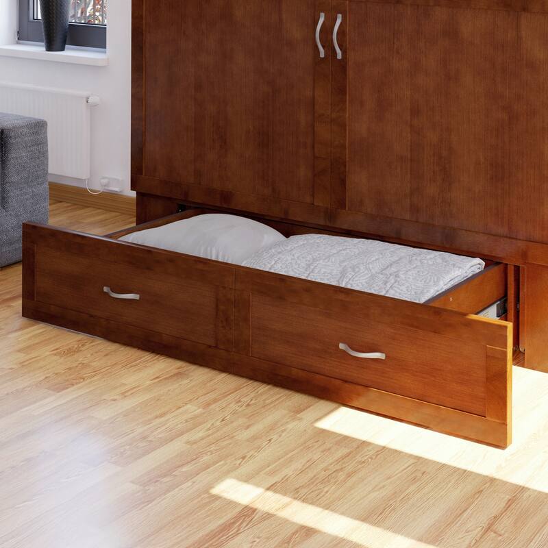 Hamilton Queen Murphy Bed Chest with 6" Mattress, Storage Drawer & Built-In Charger in Walnut