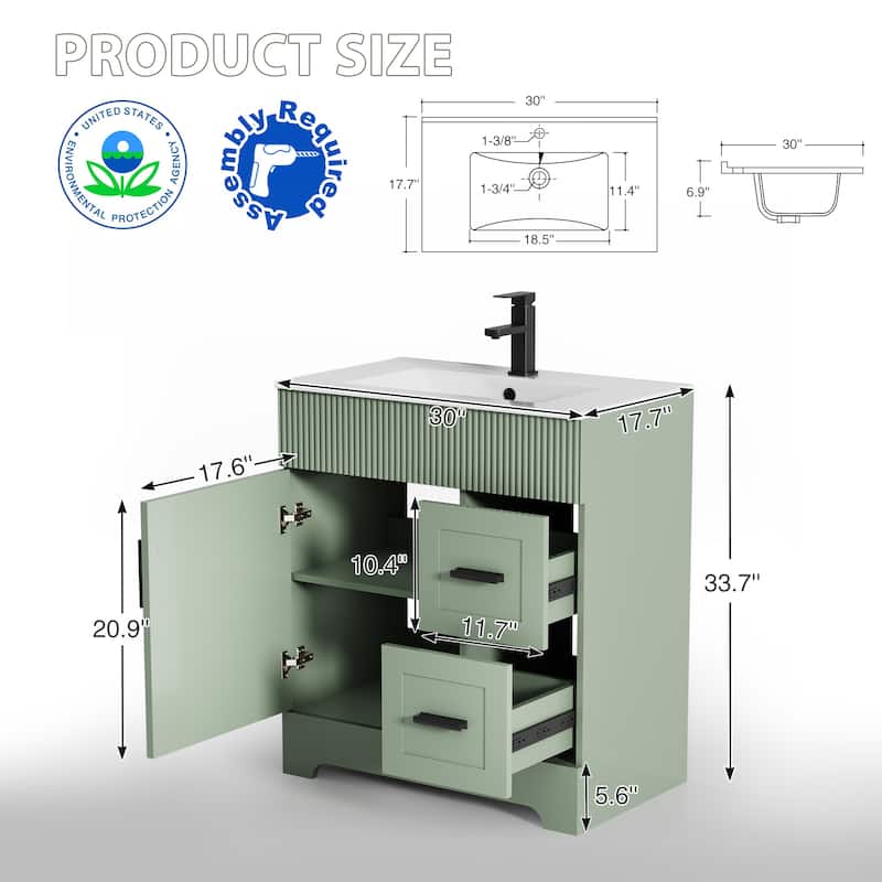 Modern 24/30/36/48" Wave-Line Bathroom Vanity Set with Sink & Faucet