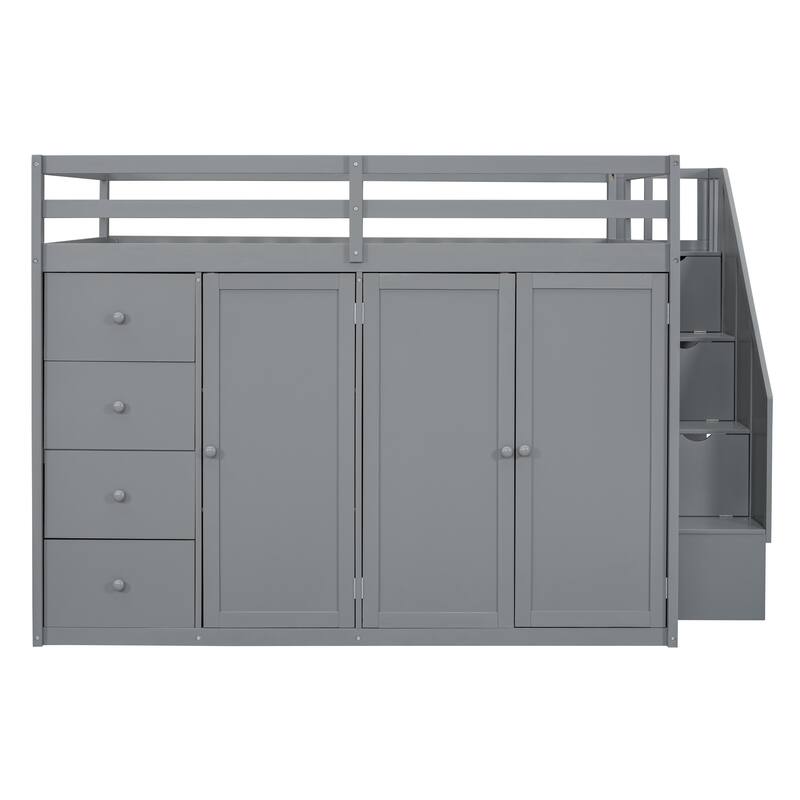 Full Size Gray Wood Loft Bed with Built-in Wardrobes, Cabinets, and Drawers
