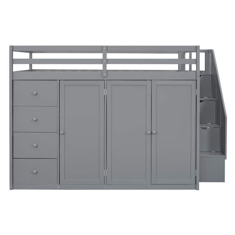 Wood Loft Bed With Built-in Wardrobes, Cabinets and Drawers