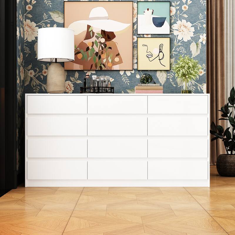 Large Floor Wood Dressers & Chest of Drawers Handle Free,Sideboard - White