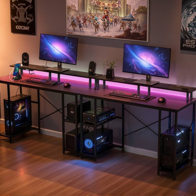 47" Black Computer Desk with RGB Lighting and Built-In Power Strip USB Ports Adjustable Storage Shelf