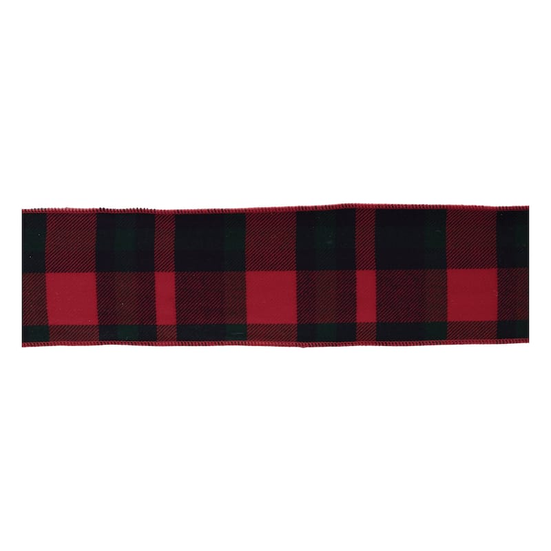 Red and Black Plaid Wired Ribbon 4x5 Yds Set of 2 for Crafts - 180” x 4”x 0.25” - Red-Black