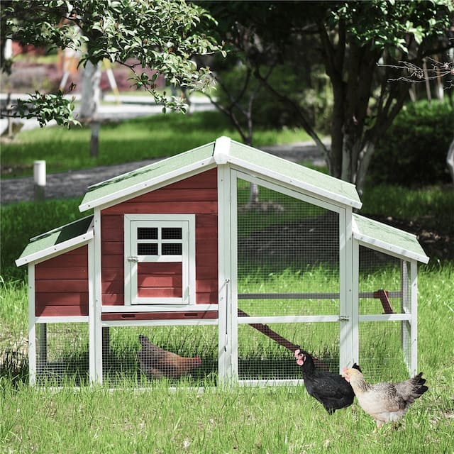 77.9” Chicken Coop Rabbit House Wooden Small Animal Cage Bunny Hutch with Ramp and Tray - Red