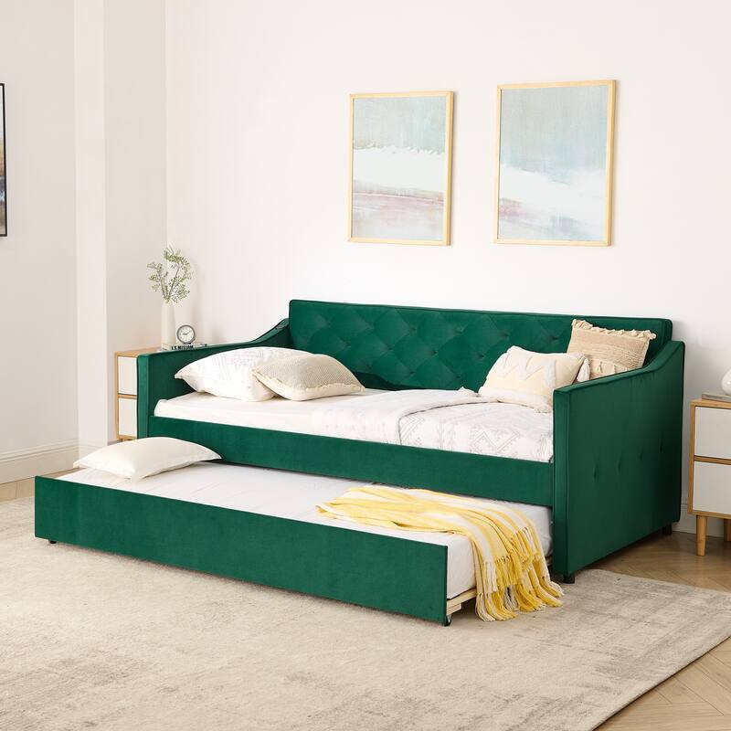 Twin Size Upholstery Daybed with Erectable Trundle and Button-tufted Backrest, USB Charging Design, for Living Room and Bedroom