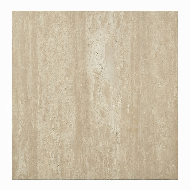 Lory Coffee Table, 35 Inch Square Travertine Top, Natural Wood Beige