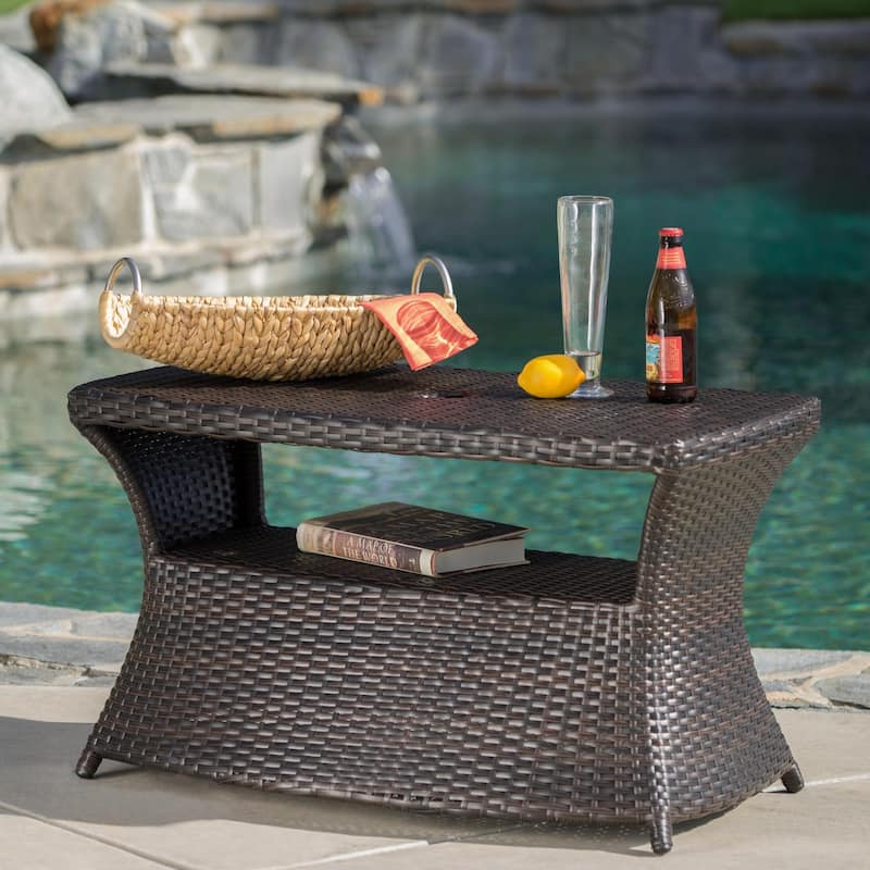 Berkeley Outdoor Wicker Side Table with Umbrella Hole by Christopher Knight Home - 19.5"H x 34"W x 22"D - Brown