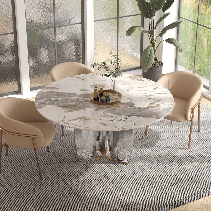 Modern Round Rock Slabs Stainless Steel Mirror Pedestal Dining Table