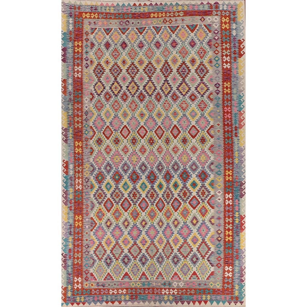 Flat Weave Geometric Kilim Oriental Large Rug Flatweave Wool Carpet - 10'1" x 15'11"