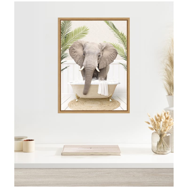 Kate and Laurel Sylvie Elephant Front Palm Bathtub Framed Canvas by Amy Peterson