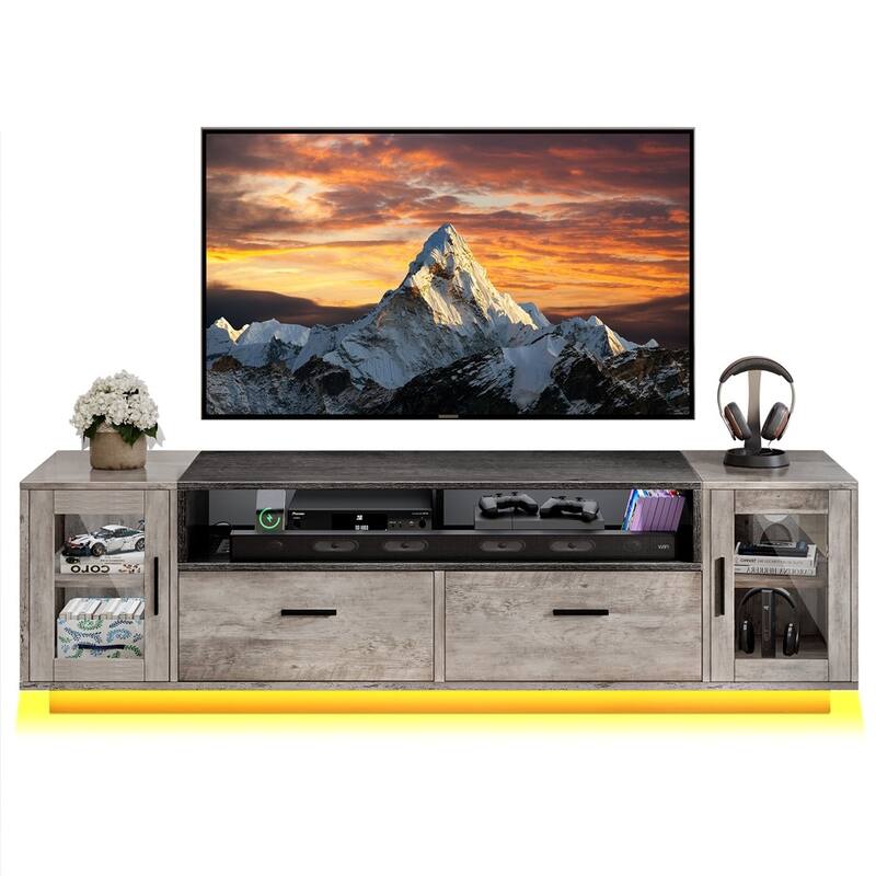 TV Stand for 50 to 70 Inch TV W/ Power Outlet & Led Lights Grey - 62 inches
