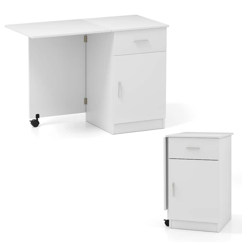 MDF Folding Computer Desk with Storage Cabinet, Drawer and Wheels
