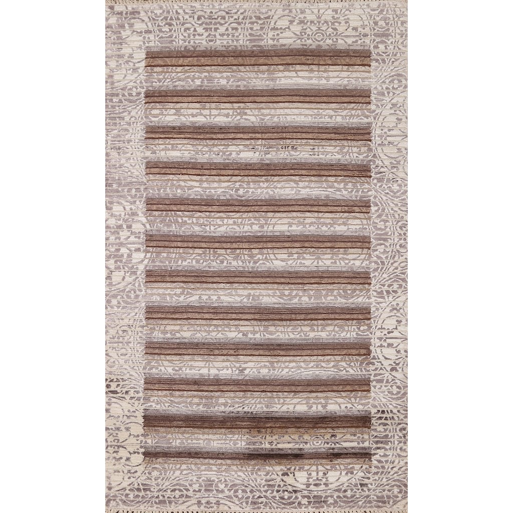 Striped Abstract Accent Rug Handmade Beige Wool Carpet - 2'8"x 4'8"
