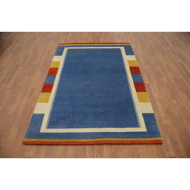 Hand Knotted Oriental 100% Wool Carpet Modern Geometric Navy Blue & Blues Gabbeh Area Rug - 6' 8'' X 4' 7''