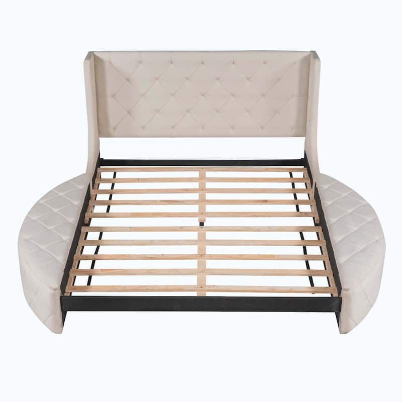 Queen Size Upholstered Platform Bed with Wingback Headboard and 1 Big Drawer,2 Side Storage Stool