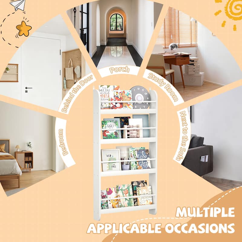 4-Tier Kids Bookshelf, Wall Mounted Kids Bookcases Organizer for Toys and Books