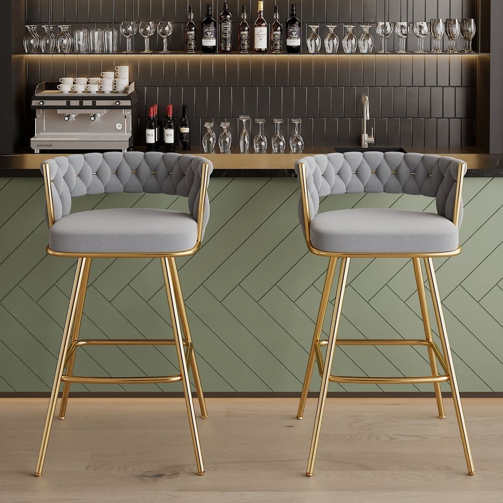 VECELO Counter Height Bar Stools with Woven Backrest 26.77" Seat Height Mid-Century Modern Upholstered Bar Chairs for Kitchen