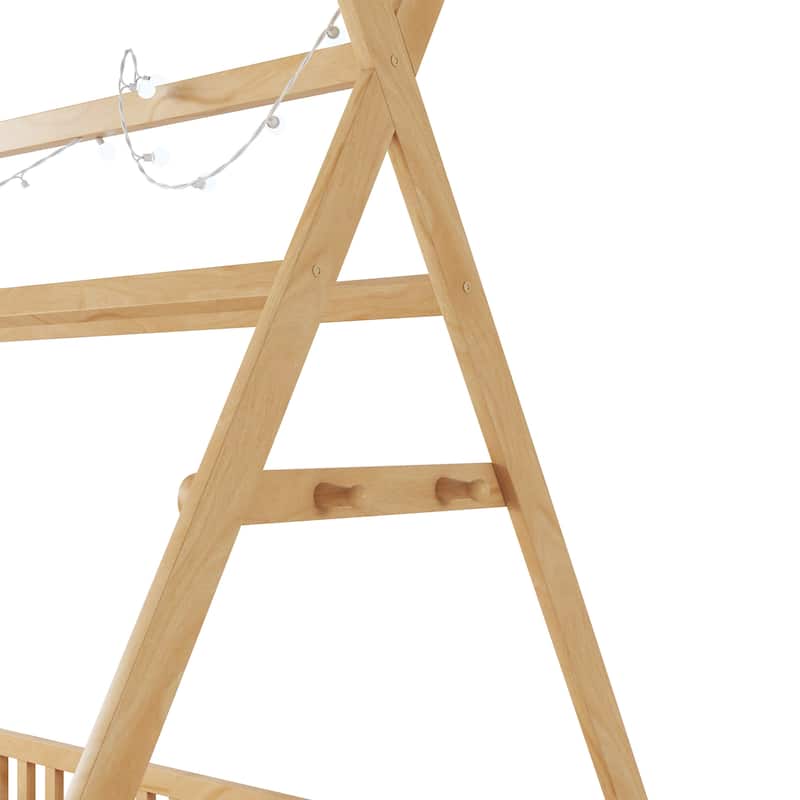 Twin House Bed with Light & Fence Roof for Kids Boys Girls - Natural