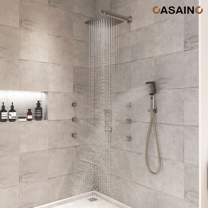 Luxury Thermostatic Shower System 3-Spray Patterns Wall Mount Fixed Shower Head and Handheld Spray with 6 Body Jets - 12" x 12" - Brushed