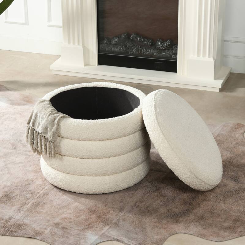 19" Oversized Round Upholstered Storage Ottoman, Sturdy Solid Birchwood and Plywood Frame, Boucle