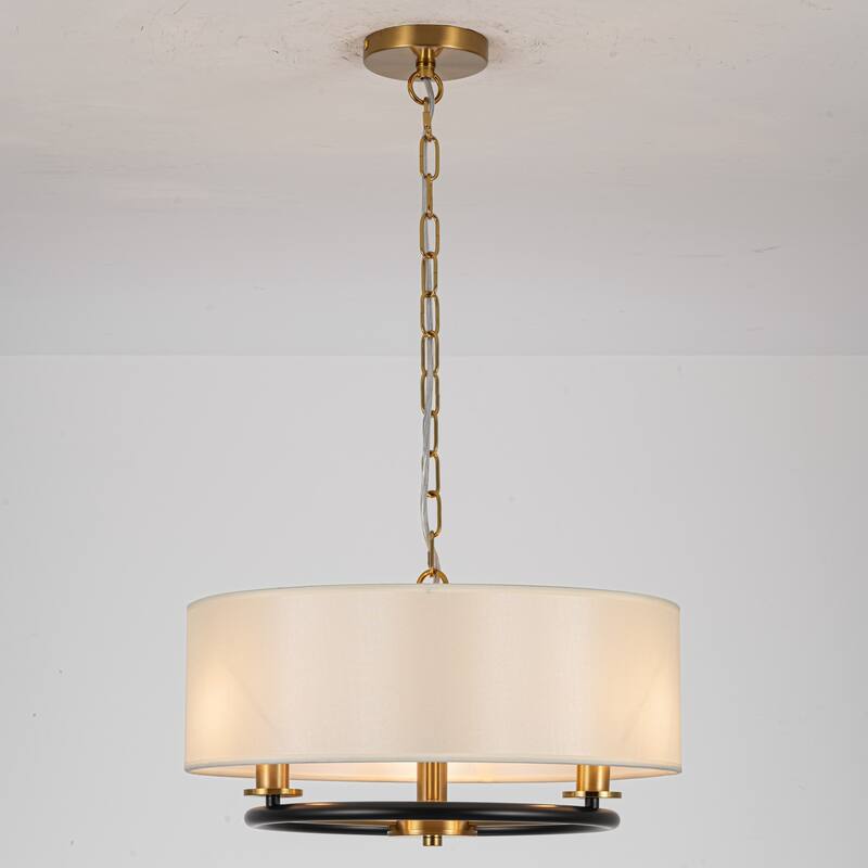 3-Light Modern Transitional Brass & Black Drum Shade Pendant for Dining Room - 17.7 in. W x 9.8 in. H - 17.7 in. W x 9.8 in. H - Gold