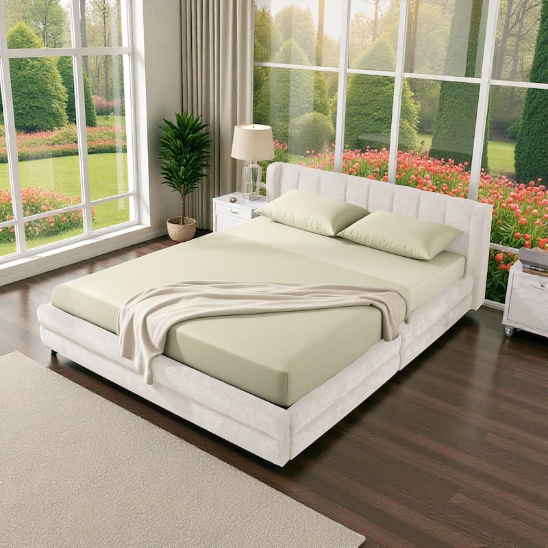 Queen Size Upholstered Bed Frame with Chenille Headboard and Underbed Storage Drawer, Solid Platform Design