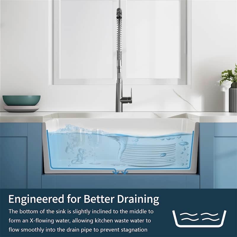 24" White Fireclay Ceramic Sink - Apron Front Single Basin with Grid