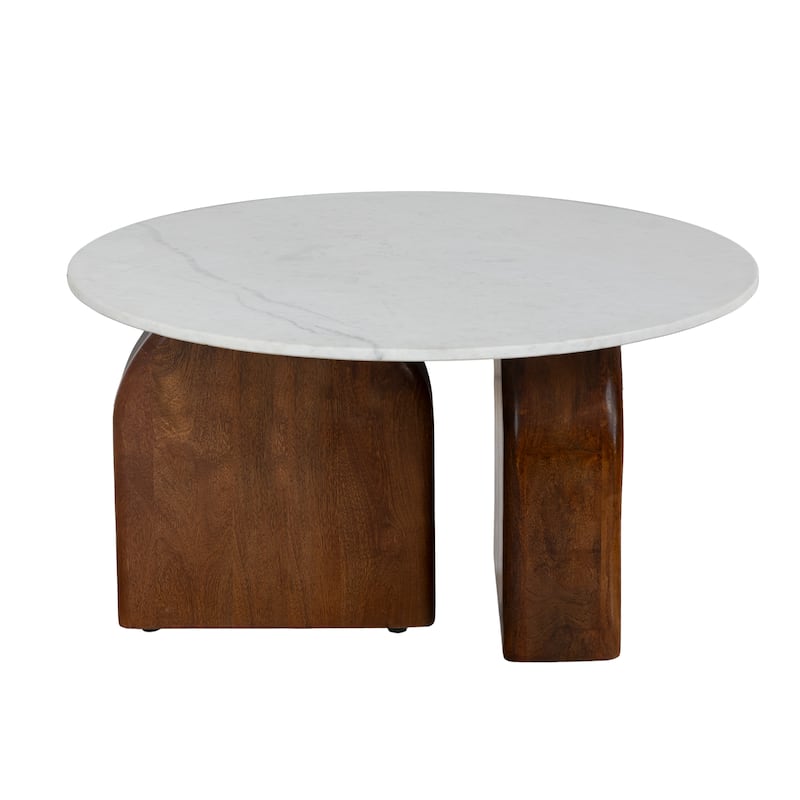 Modern 36" Round Coffee Table - Solid Mango Wood Base and Real White Marble Top, Natural Dark Finish