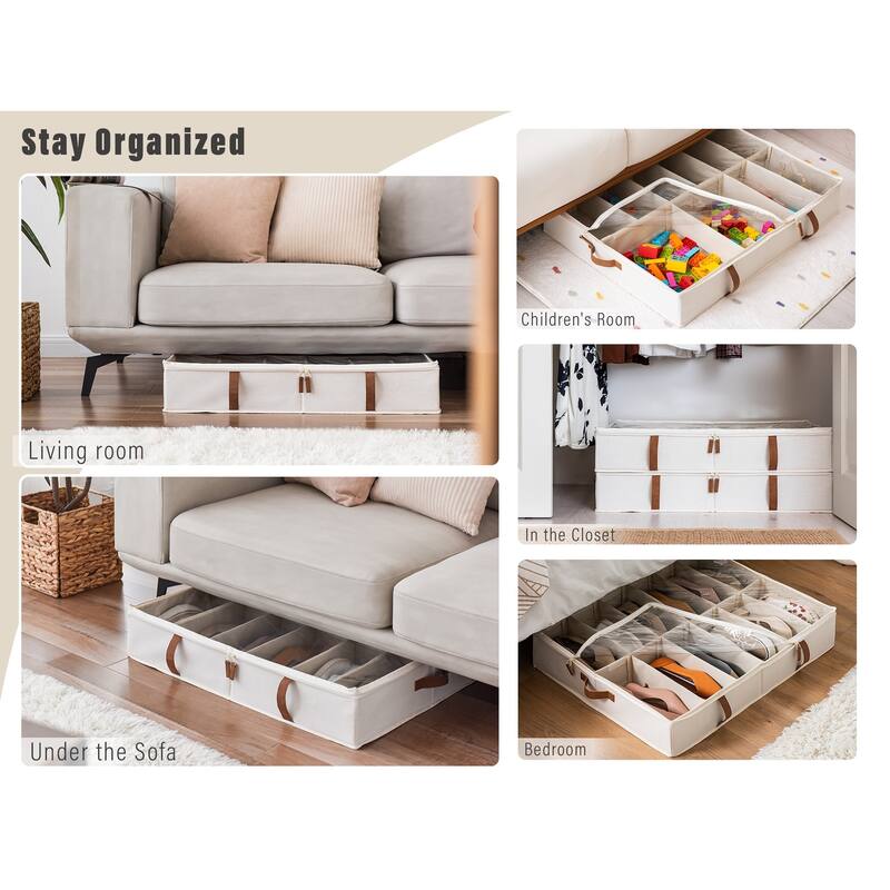 2-Pack Underbed Shoe Storage Organizer with Adjustable Dividers, 24 Pairs Fabric Shoe Storage Box - 30" W x 24.5" D x 5.25" H