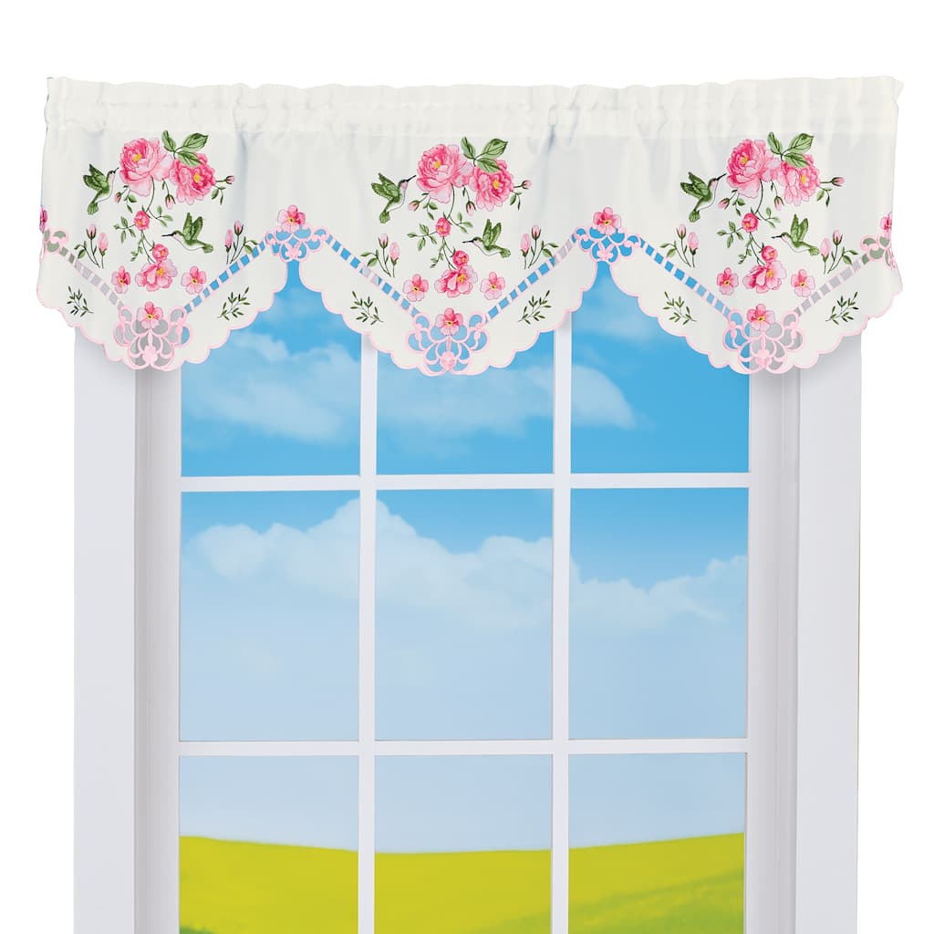 Lovely Embroidered Hummingbirds and Roses Window Valance - 8.500 x 6.000 x 1.000