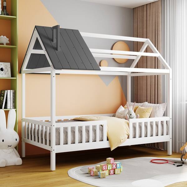 slide 2 of 10, Twin Size Wooden House-Themed Bed with Playful Fence Design for Kids White
