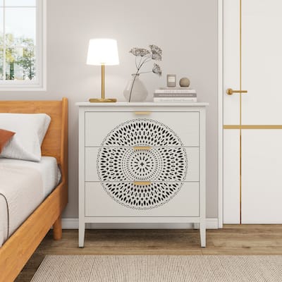 3-Drawer Cabinet with Hollow-Carved Storage Chest with Metal Handles for Entryway, Living Room, and Bedroom